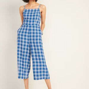Old Navy Square-Neck Linen-Blend Cami Jumpsuit Blue Gingham
